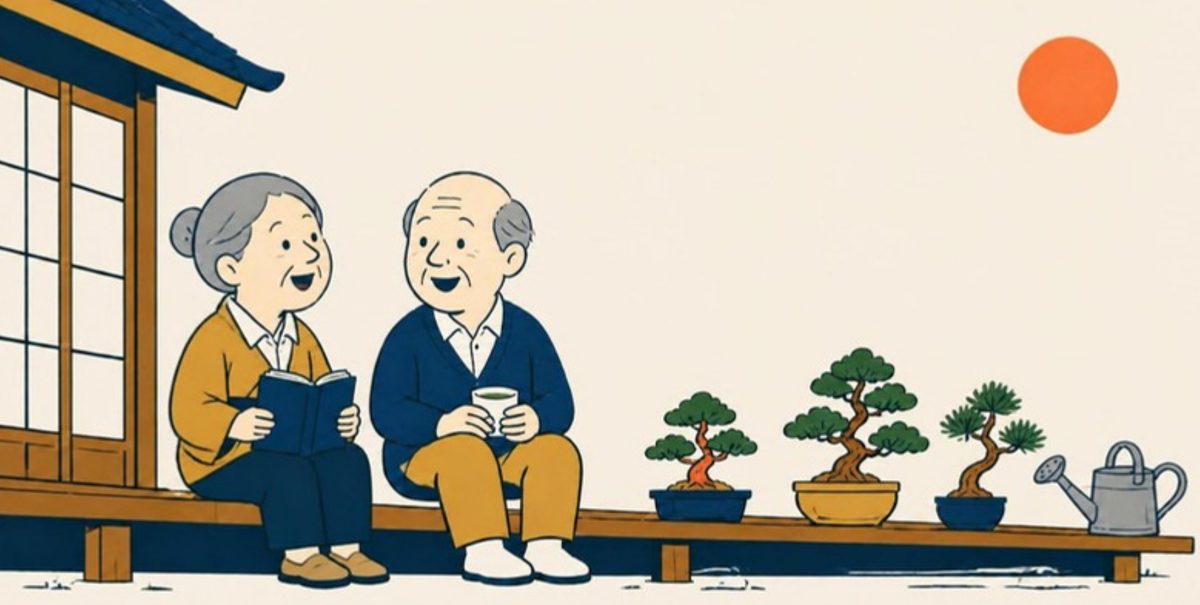 縁側で本を手にくつろぐ老夫婦のイラスト